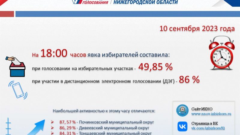 Явка на избирательных участках Нижегородской области на 18:00 10 сентября составила 49,85%