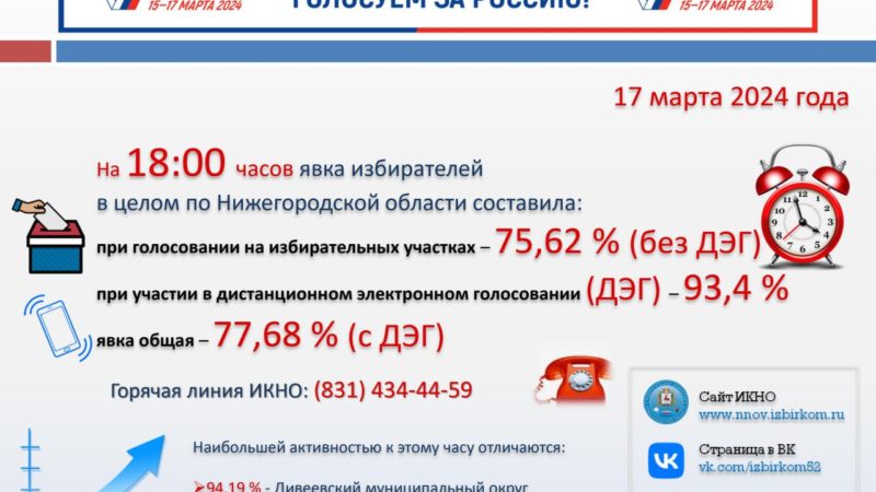 Явка избирателей в Нижегородской области на 18.00 17 марта составила 77,68%