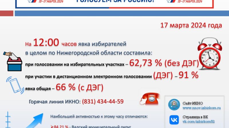 Явка избирателей в Нижегородской области на 12.00 17 марта составила 66%